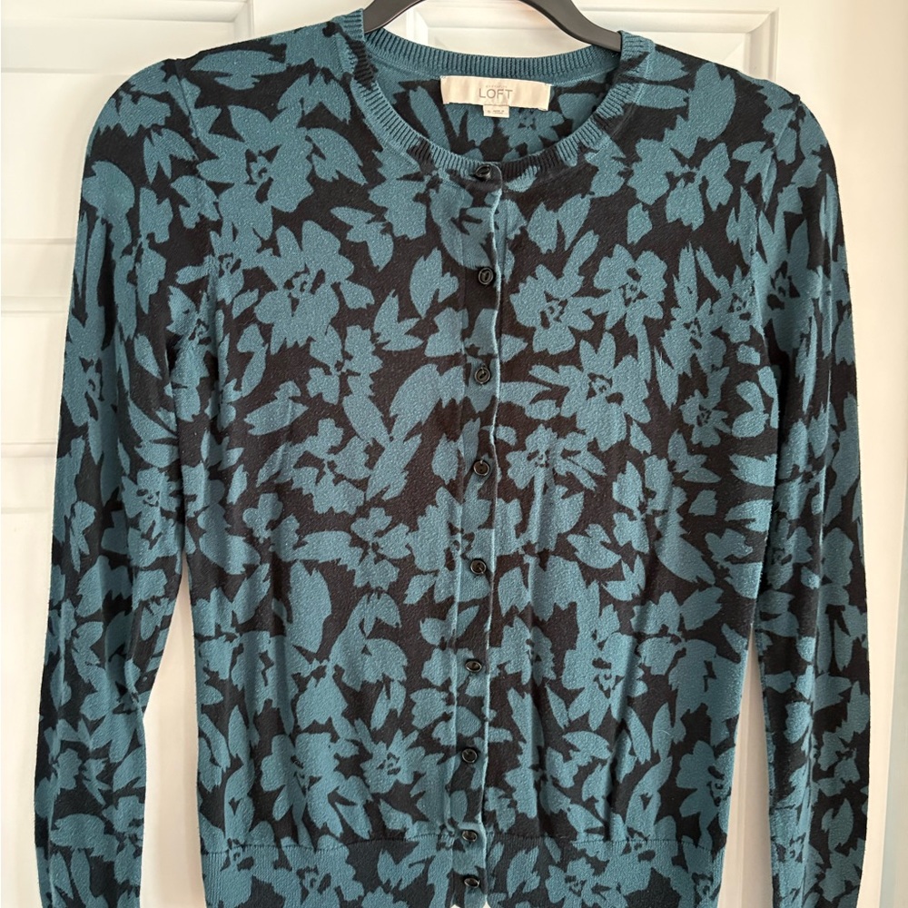 LOFT Teal and Black Patterned Sweater
